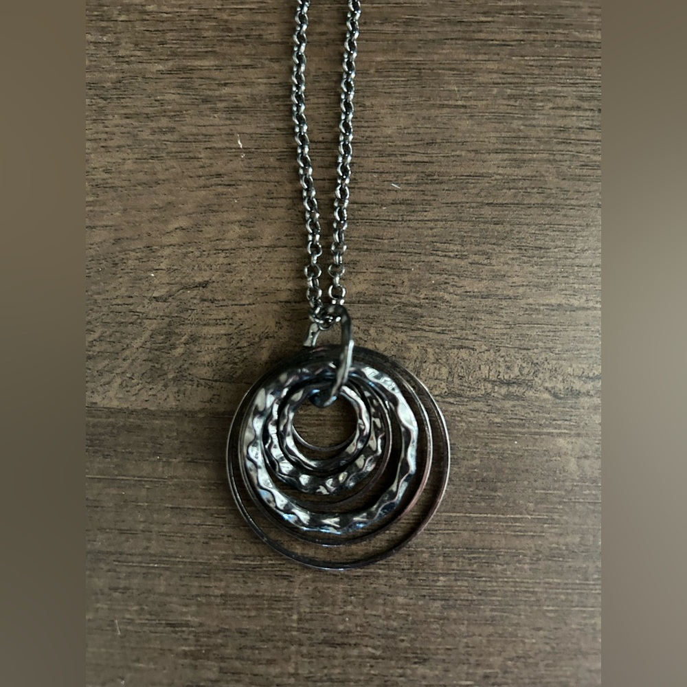 Layered Hammered Circle Pendant Necklace Dark Silver Gunmetal Statement Necklace